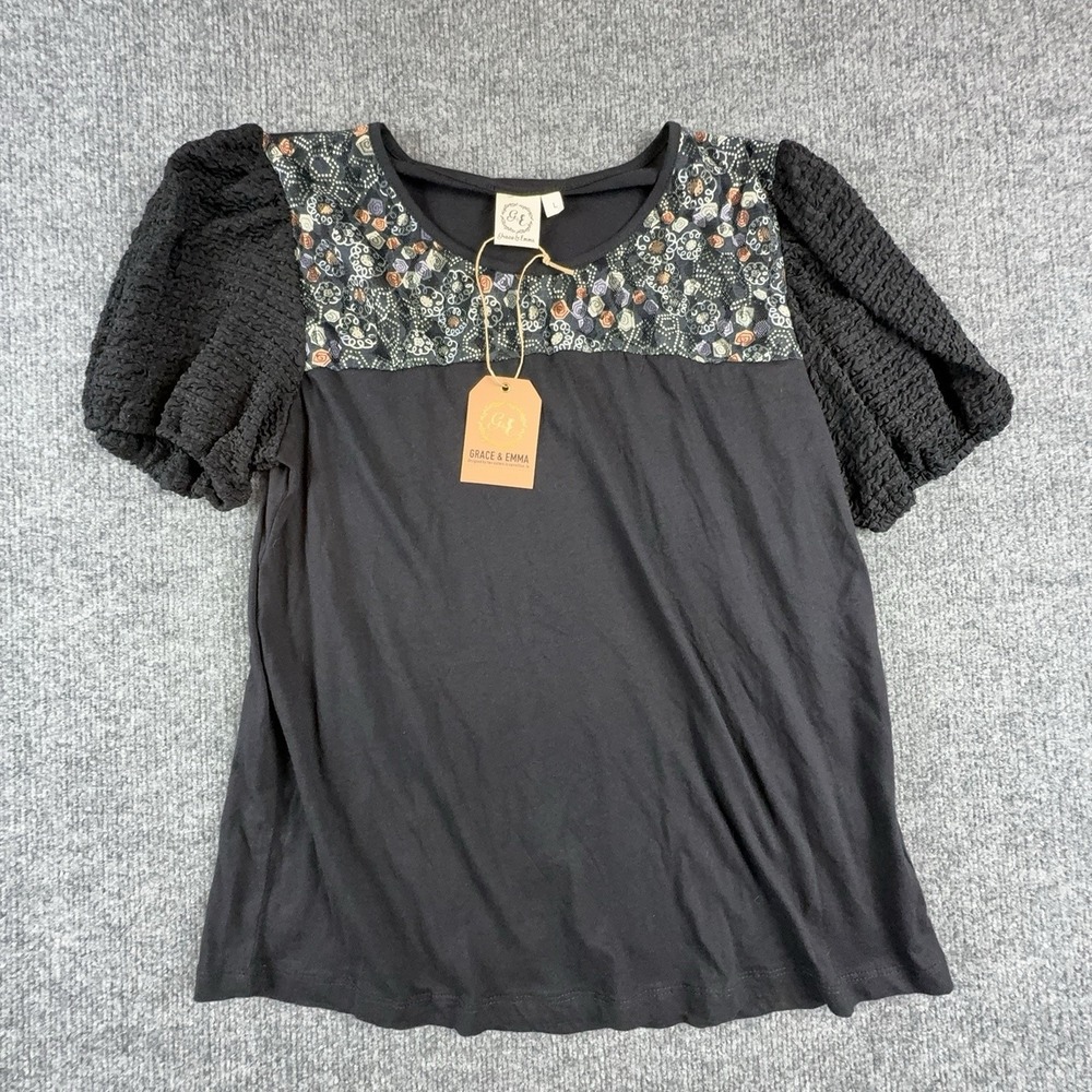 Grace & Emma Women Large Black Floral Lace Puff Sleeve Boho Knit Top 7606B-BLK